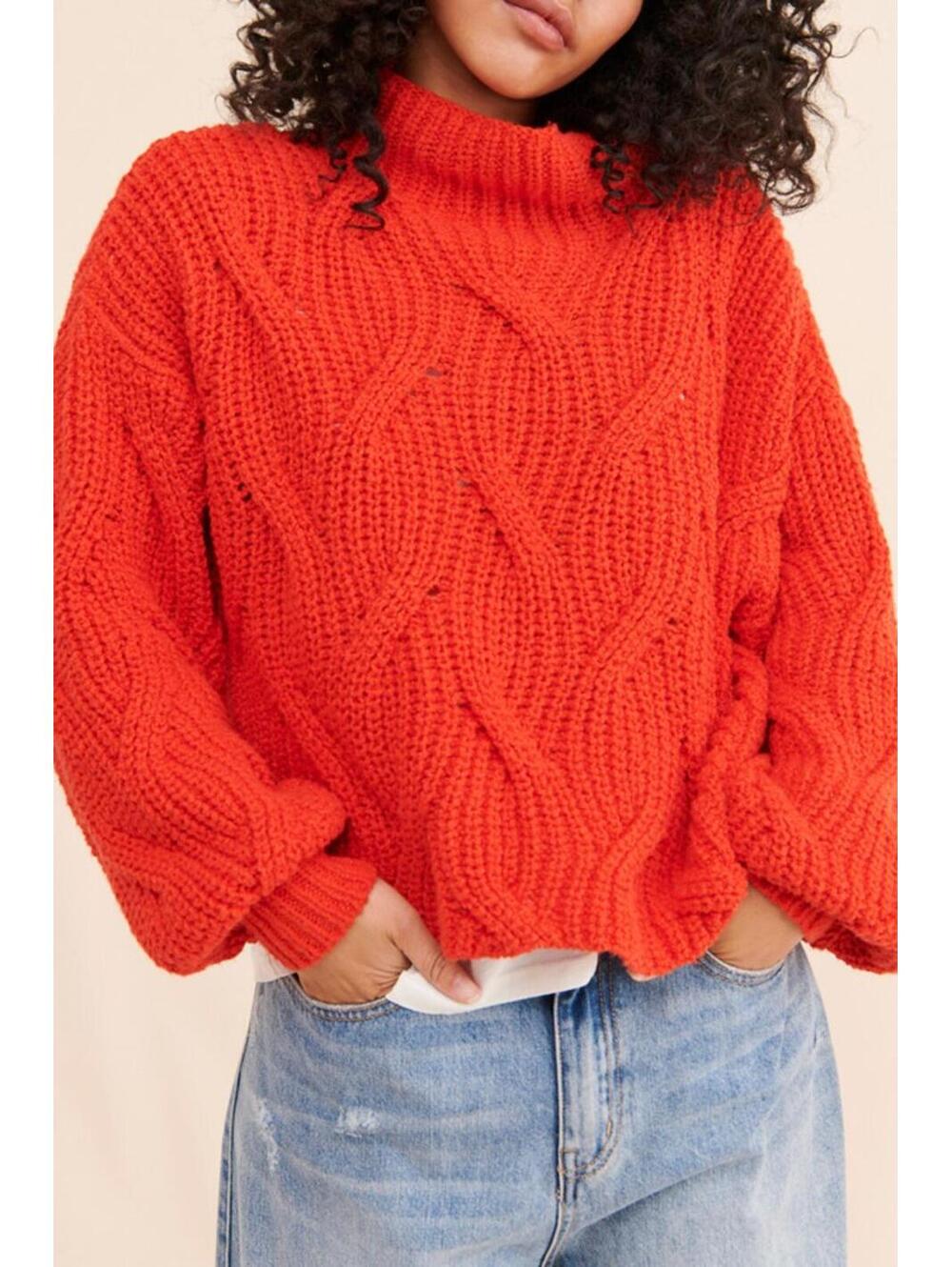 $298 FREE PEOPLE Clementine Soft Spun Cable Knit Pullover Orange Tango Sz L#1250 - Picture 10 of 11